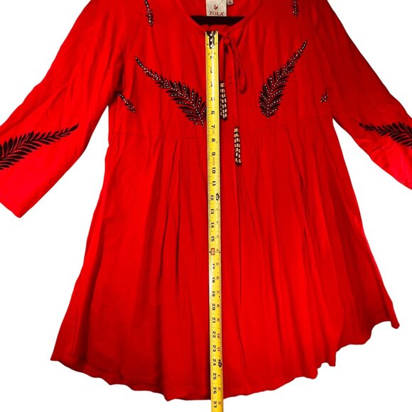 Zola Orange Red Boho Tunic Top Dress Leaf Print Embroidery Accents Beaded Tie - Picture 9 of 11